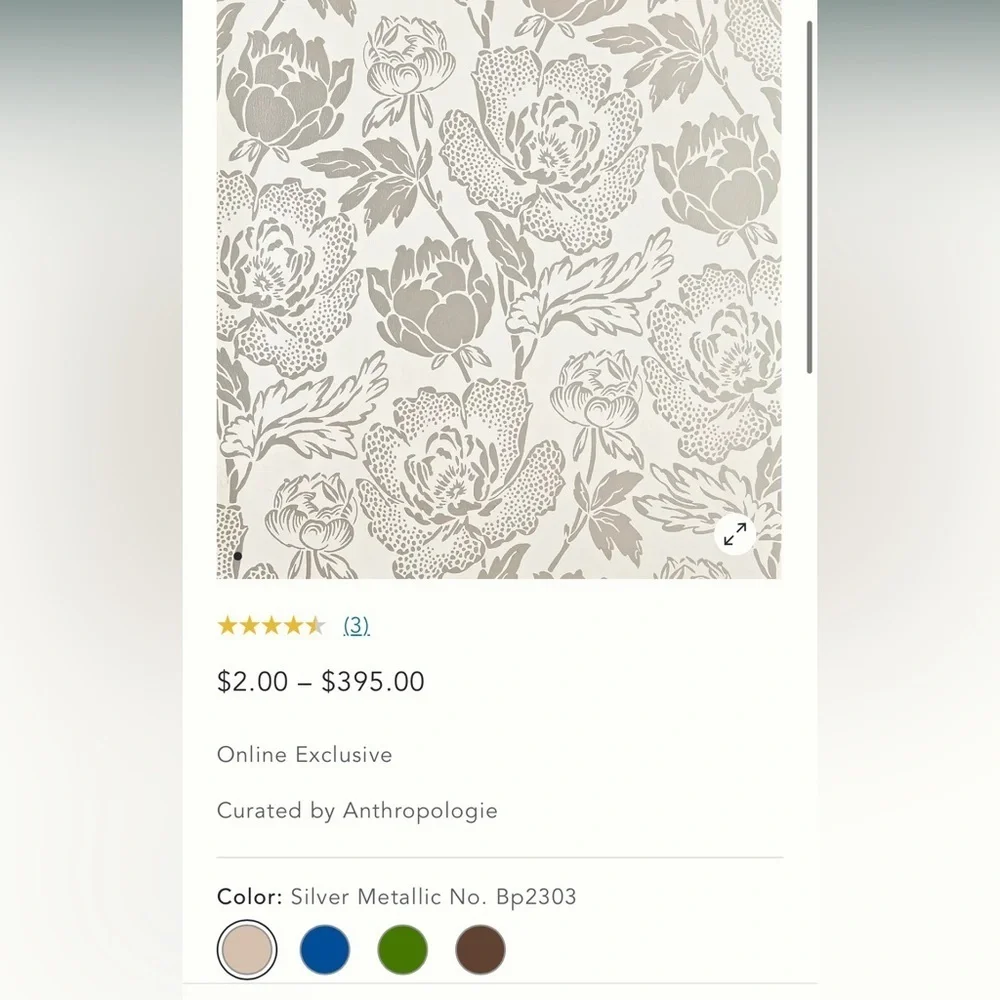 Anthropologie Farrow & Ball Peony Wallpaper NWT